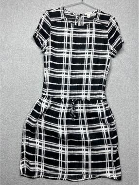 Caslon 100% Linen Black White Plaid Tie Waist Mini Dress Pockets S Lagenlook